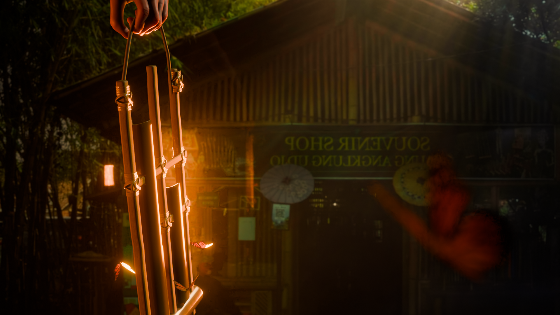 Angklung instruments hanging at dusk at Saung Angklung Udjo